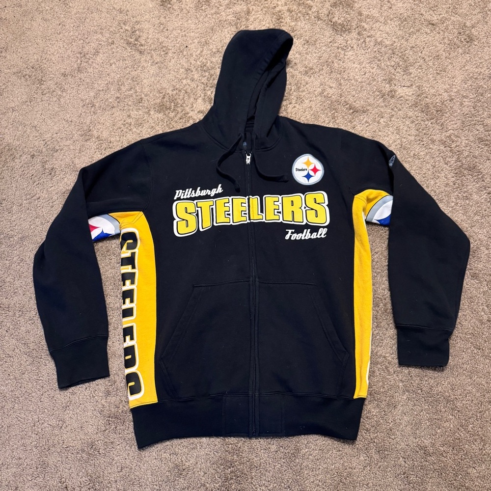 Vintage Pittsburgh Steelers Hoodie Mens Large Black Long Sleeve Full Zip NFL